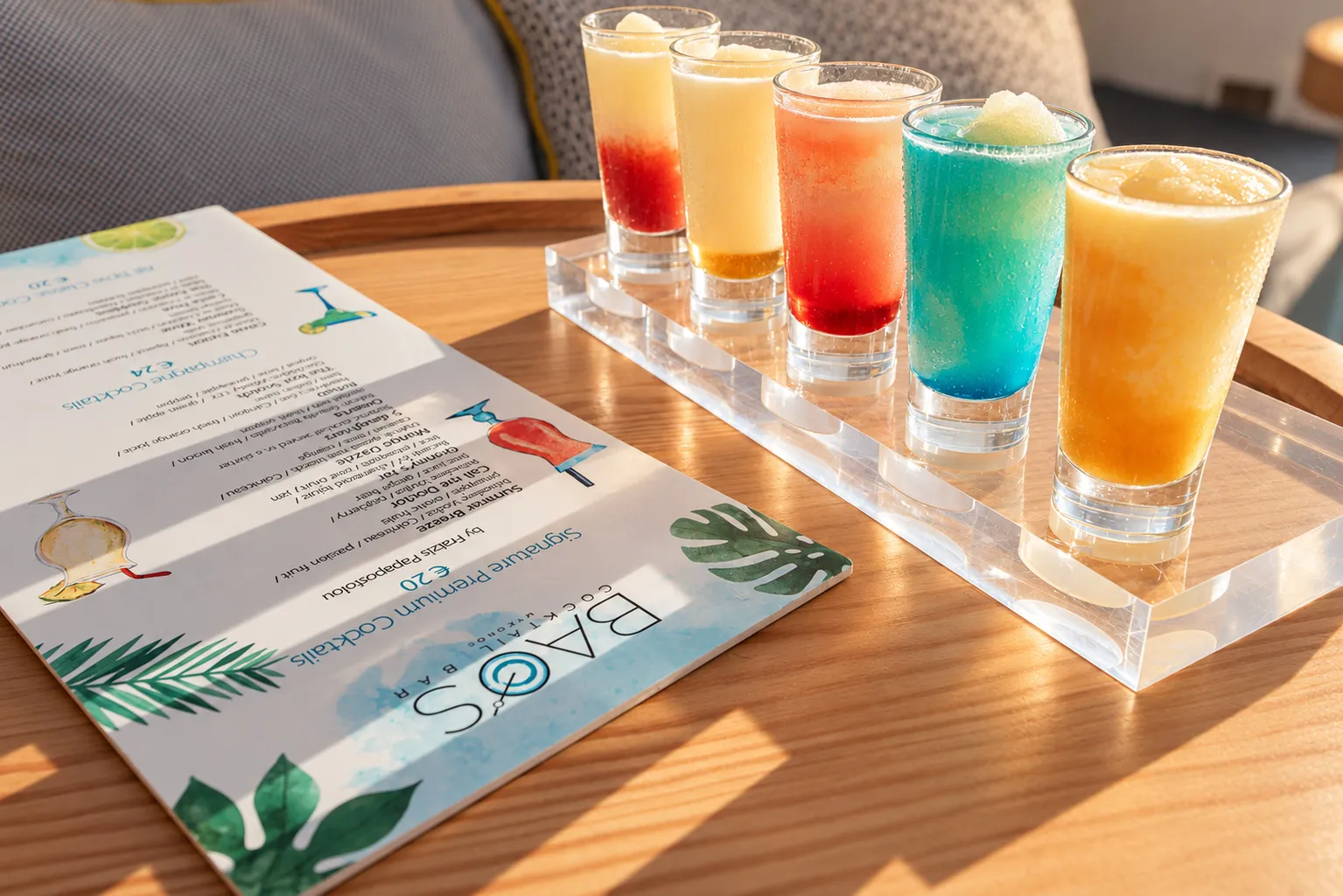 Five coloured BAO'S cocktails lined up on a clear tray beside the printed menu on a wooden table
