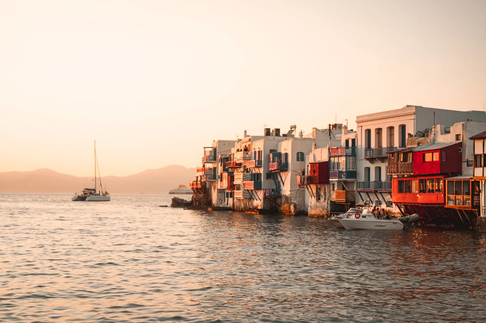 Little Venice, Mykonos, seen from the water at sunset