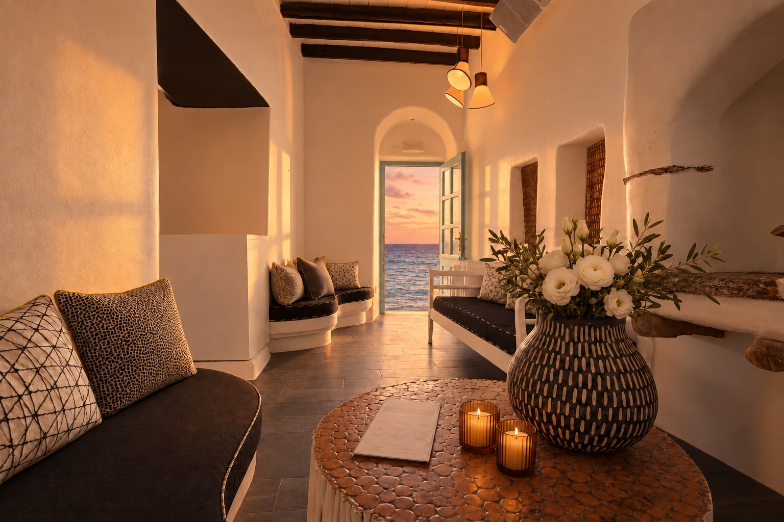 The Room at sunset, the same door open to the water, warm light along the white walls and candles on the table