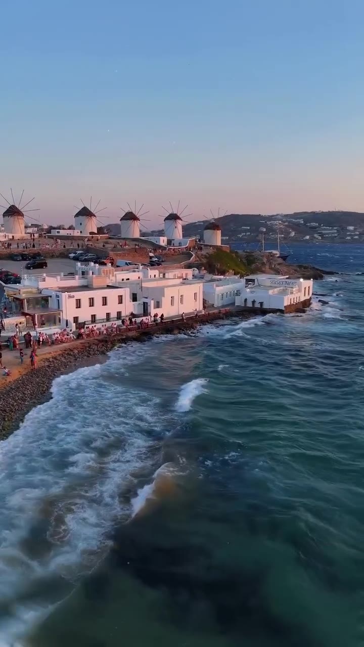 Little Venice, Mykonos, seen from the water at sunset